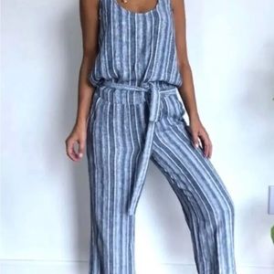 Anthro Cloth & Stone Linen Blue Gray White Cropped Jumpsuit Open Back Frayed Hem